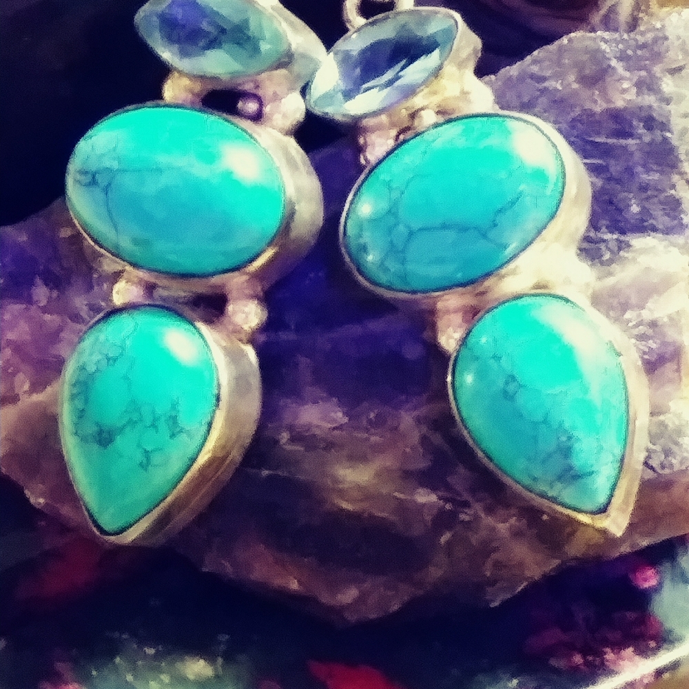 🔥KINGMAN TURQUOISE, LONDON BLUE TOPAZ, STERLING HYPOALLERGENIC EAR. 1-1/2" - Picture 12 of 12